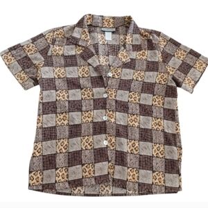 Brown and Cream Checkered Cheetah Print Womens Button Front Shirt Size Small